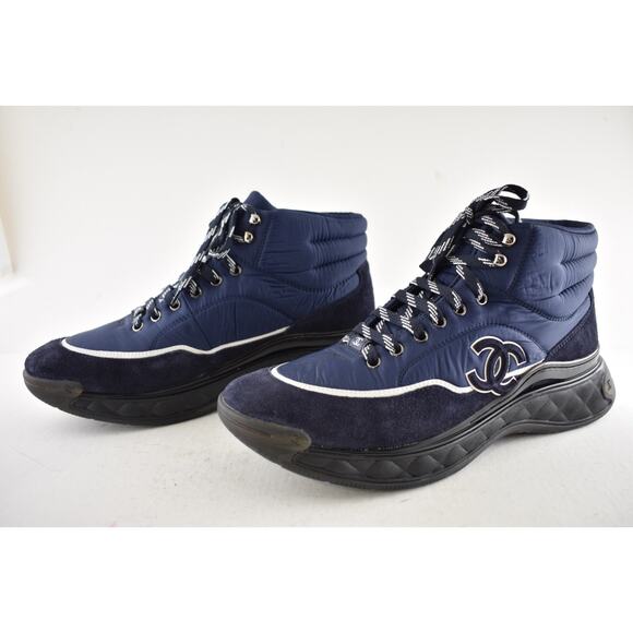 Chanel 19B Blue Quilted Platform CC Logo High Top Trainer Sneaker Boot 44 11 - Picture 10 of 12